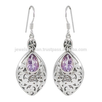 Preciosa piedra preciosa de amatista y 925 plata cuelgan pendientes de gota de la joyería de la boda